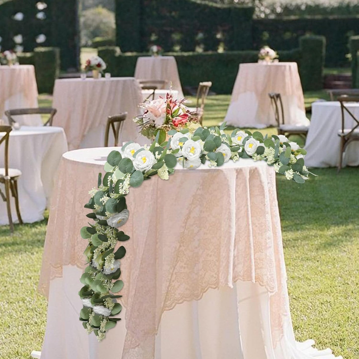 MAKHOT 2Pack White 6.6Ft Artificial Eucalyptus Garland with Flowers, Fake Rose Gypsophila Vine Rose Garlands Decor, Floral Flower Greenery Garland for Wedding Home Table Decor (White)