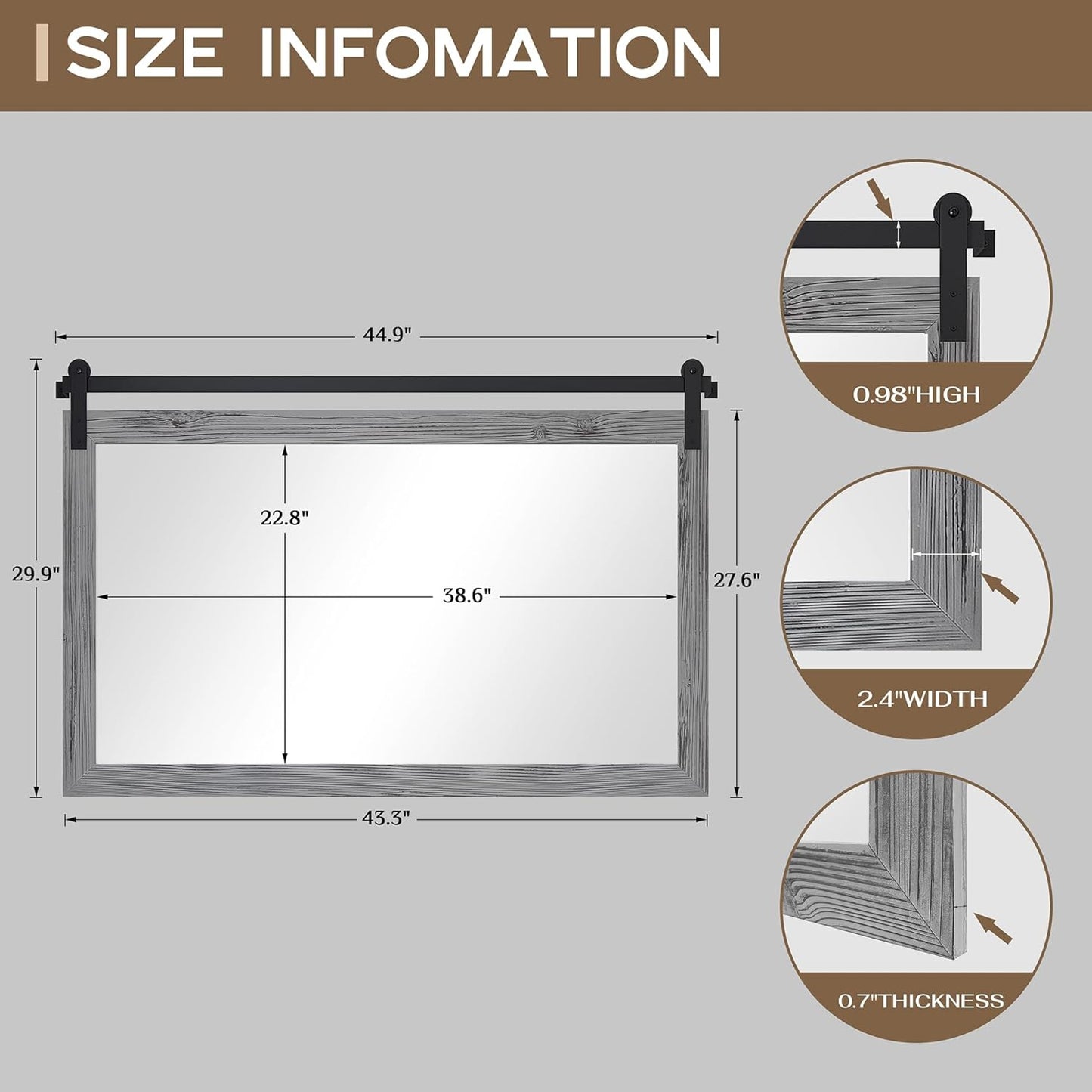 COGOOD Farmhouse Bathroom Mirror - 45 x 30 Rustic Wood Framed Wall Barn Door Mirror for Entryway, Living Room, Entryway Wall Decor (Grey)