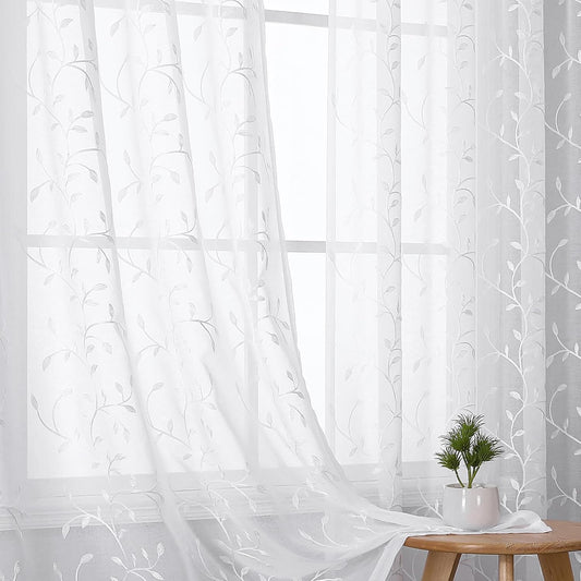 VISIONTEX White Sheer Voile Curtains, Decorative Beige Leaves Embroidery Faux Linen Rod Pocket Window Drapes for Home Kitchen, Living Room and Bedroom 54 x 63 Inch, Set of 2 Curtain Panels