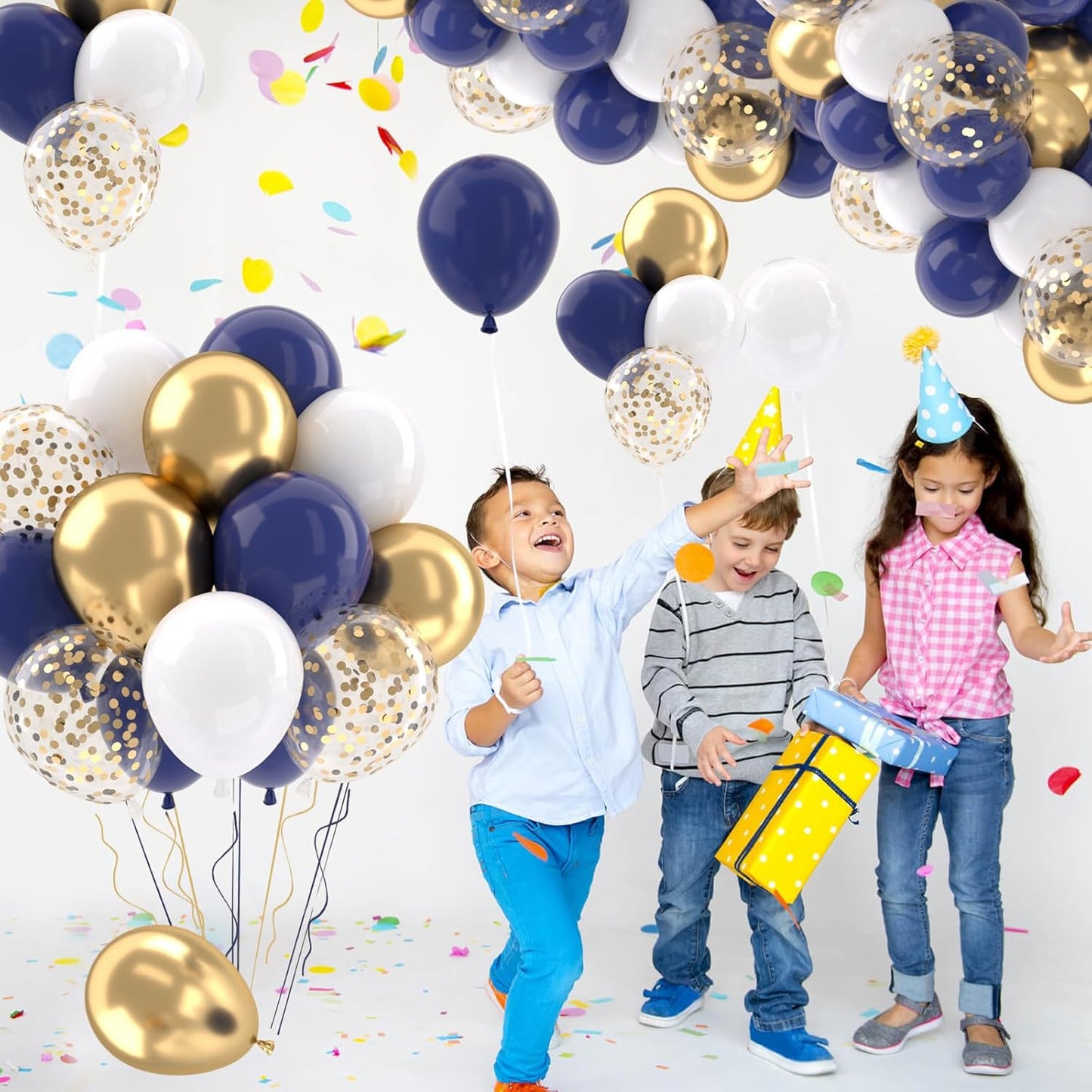 Patimate Navy Blue Gold Balloons Set, 50 pcs 12 inch Metallic Gold Navy Blue White Confetti Latex Balloons Kit for Birthday Baby Shower Graduation Party Decorations
