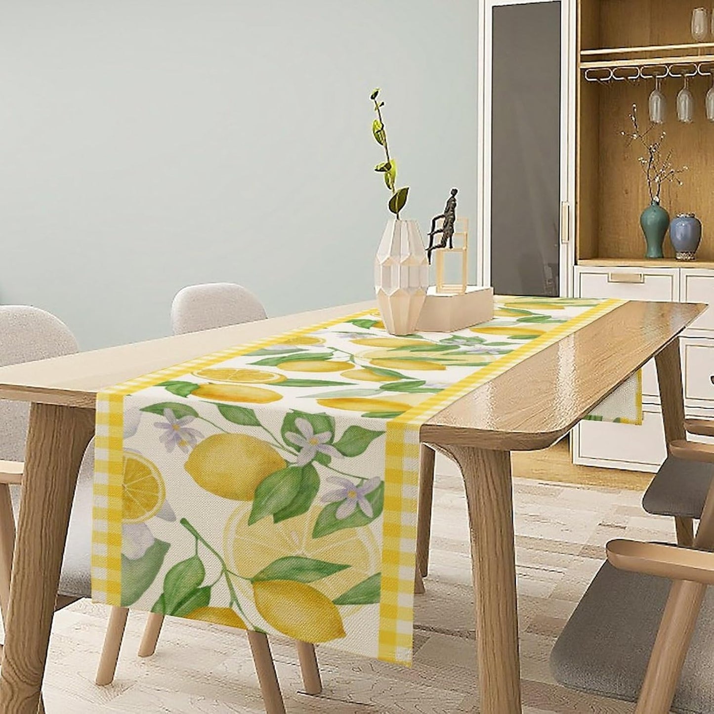 Lemon Table Runner,Yellow White Buffalo Plaid Summer Table Runner for Kitchen Dining Table Home Party Decoration 13x36 Inch