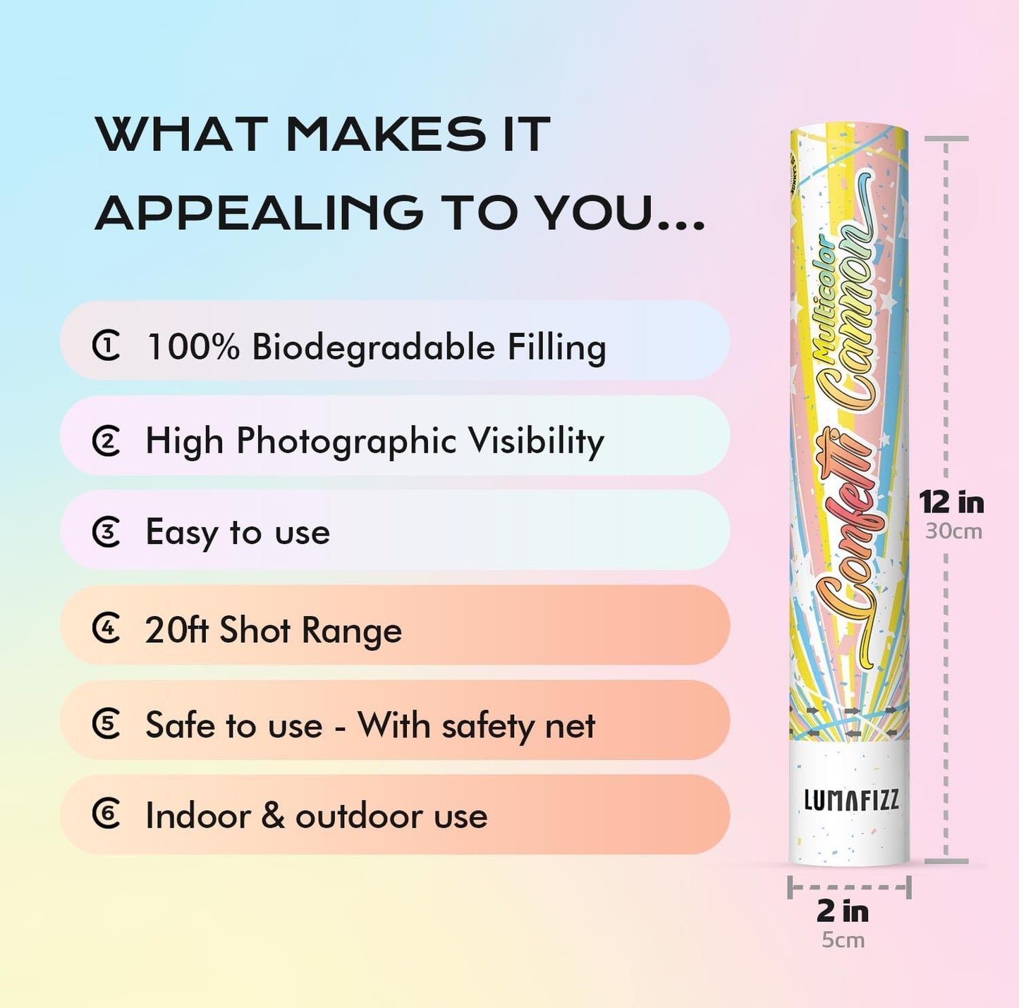 12 InchConfetti Biodegradable [6 Pack Confetti Cannons | Multicolor Confetti Poppers for Wedding Celebration, Birthday Party Christmas Eve and New Year Celebration (Dopamine color)