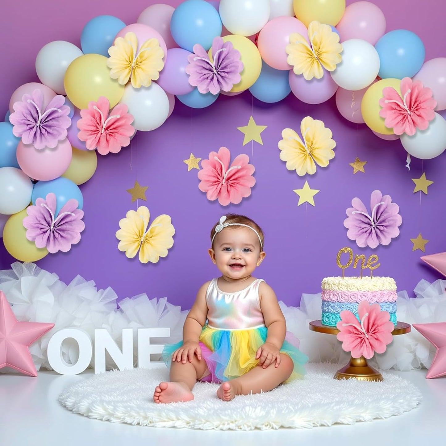 12PCS Butterfly Tissue Paper Pom Poms, 3D Butterfly Birthday Party Decorations, Khaki Pink Purple Butterfly Hanging Decorations for Girls Wedding Baby Shower Decor