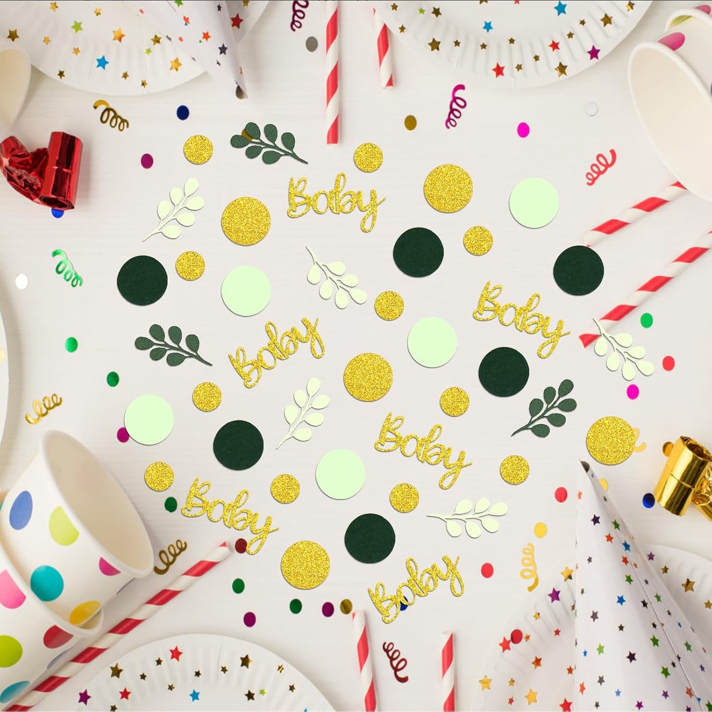 300PC Greenery Baby Shower Confetti for Gender Neutral Baby Shower Decorations Gold and Sage Green Circle Dots Table Confetti Scatter for Nature Girl Boy Birthday Gender Reveal Party Decor