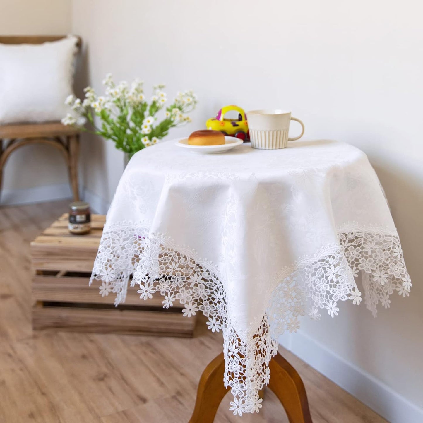 White lace Premium Square Farmhouse Tablecloth Waterproof OilProof SpillProof AntiShrink Soft Wrinkle Resistant Decorative Fabric Table Cover Kitchen Dinning Party Wedding Banquet