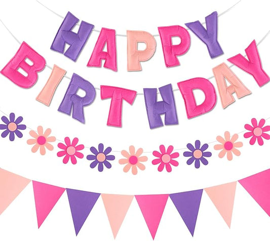 Felt Birthday Decorations, NO DIY, Pre-Strung 3D Felt Happy Birthday Banner with Fabric Flower Garland, Colorful Triangle Flags, Birthday Party Decorations for Women Men Boys Girls (Purple)
