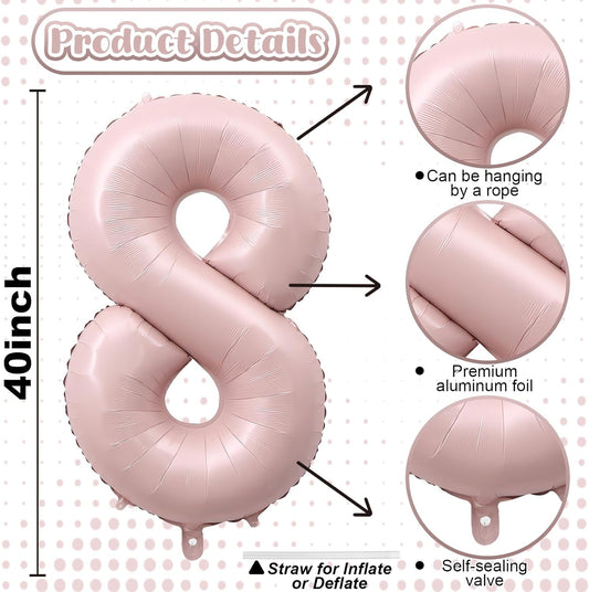 Pastel Pink 8 Balloons, 40" Giant Helium Foil Number Balloon 0-9 Blush Pink Number Balloon 8 for Girls, Self Inflating Digit 8 Balloons for 8th Birthday Women Anniversary Princess Party Decorations