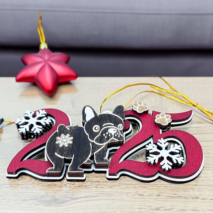 Black French Bulldog 2025 Christmas Ornament – Cute Wooden Dog Tree Decoration with Snowflakes & Paw Prints for Frenchie Lovers, Pet Owner Christmas Décor