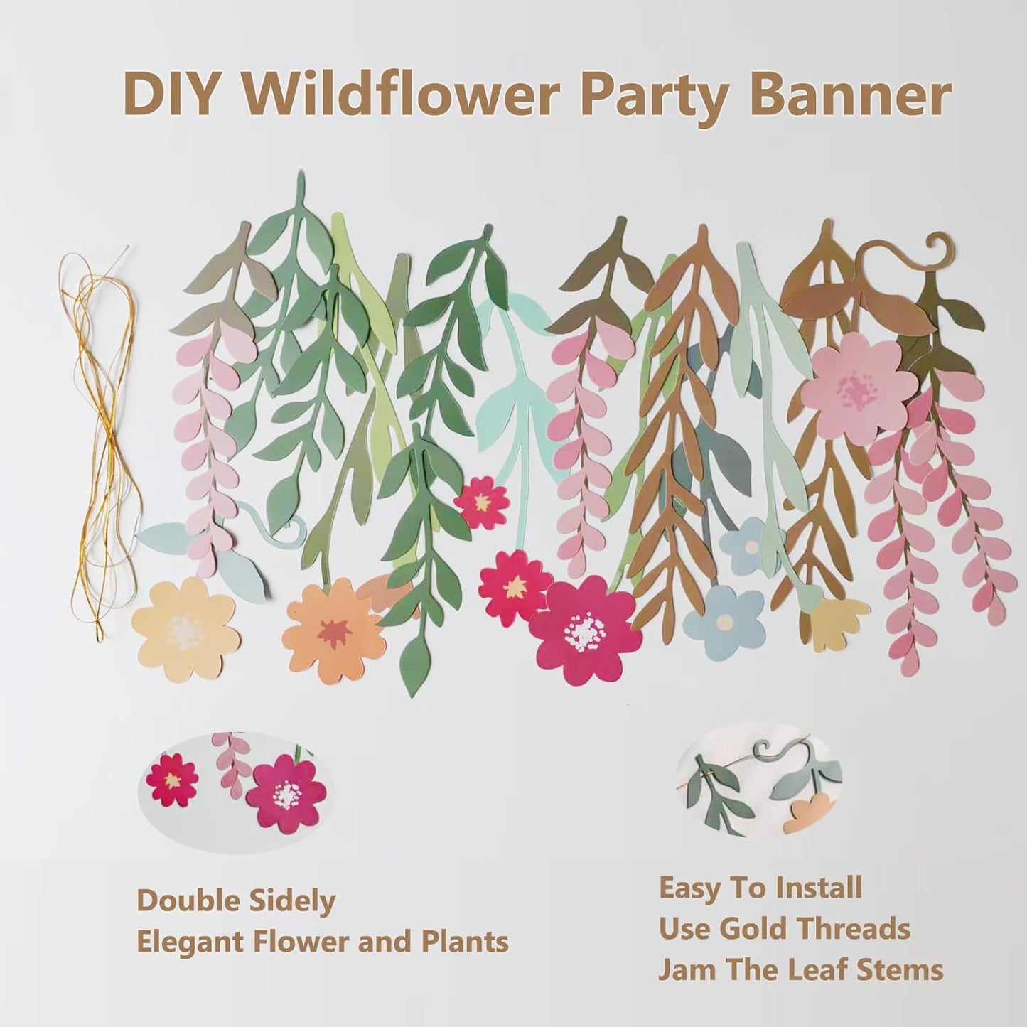 2PCS Flower Party Banner Wildflower Party Decorations Double-Sided Waterproof Flower Garland Baby Shower Birthday Tea Party Supplies Garden Picnic Wedding Backdrop Indoor Outdoor