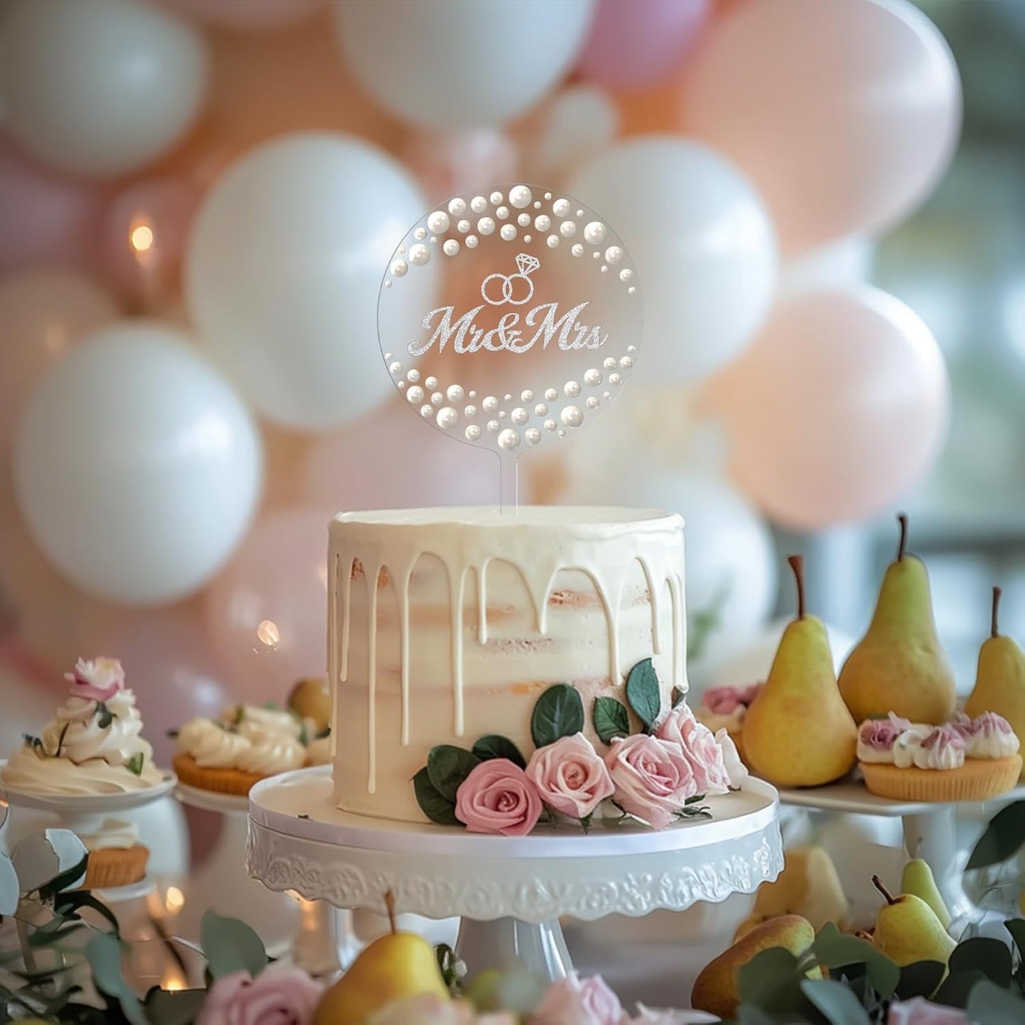 Mr & Mrs Wedding Cake Topper, Contemporary Bride and Groom Sign Rustic Resin Décor for Engagement & Anniversary, Bridal Shower & Party Celebrations (Transparent acrylic & Pearl)