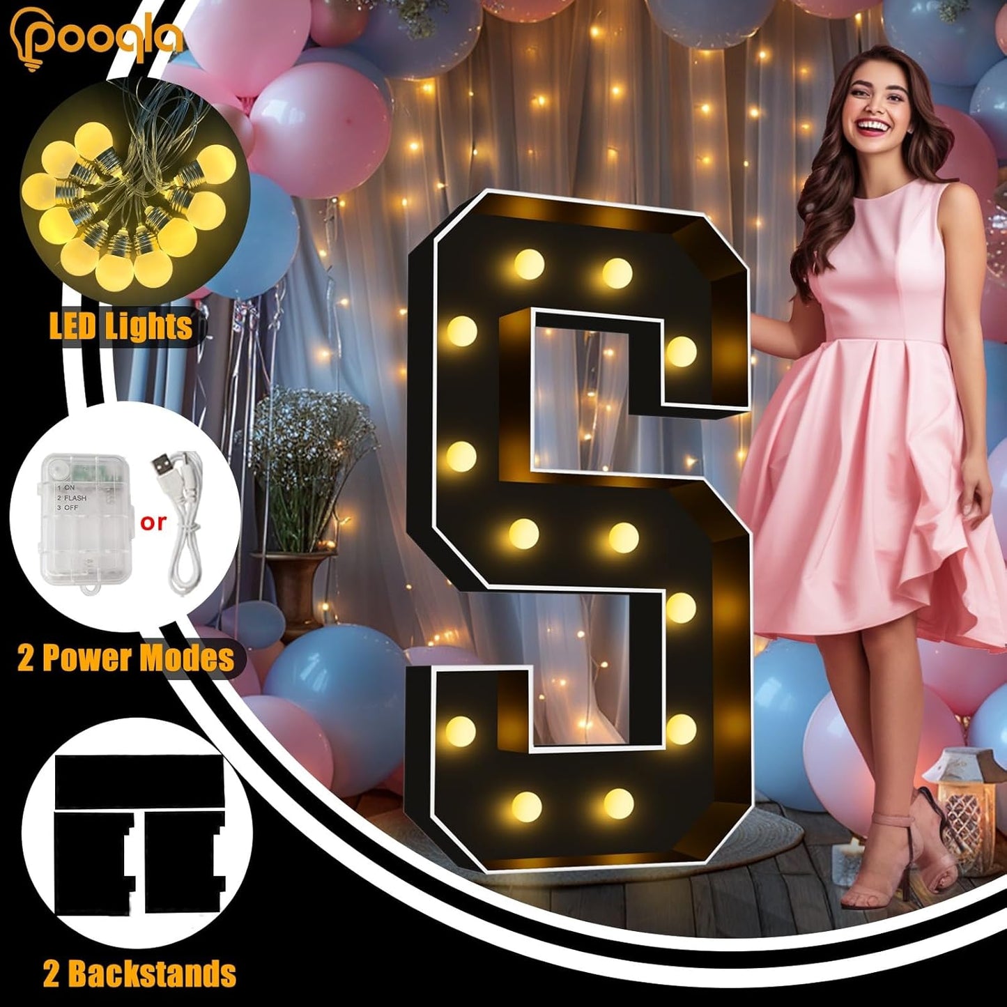 Pooqla 4 FT Marquee Light Up Letters, Black Marquee Letter Lights 4 Feet Tall, Giant Letter Sign Big Mosaic Letters for Balloons Birthday Party Anniversary Wedding Decorations, Warm White Letter P