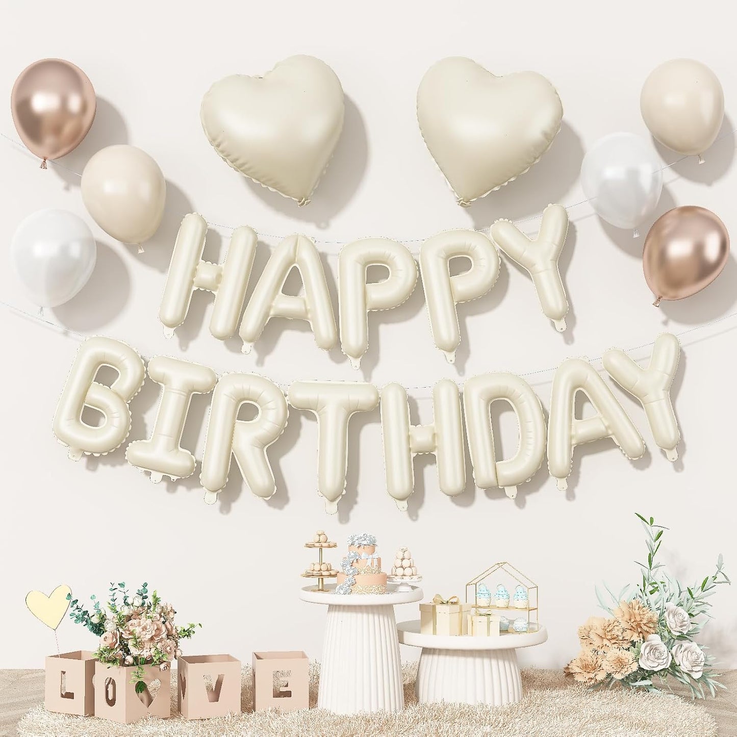 Happy Birthday Balloon Banner Cream, 16 Inch Beige Mylar Letters Heart Foil Balloons Pearl White Sand White Metallic Champagne Gold Balloons Boho Neutral Birthday Decorations for Girls Women Boy Men