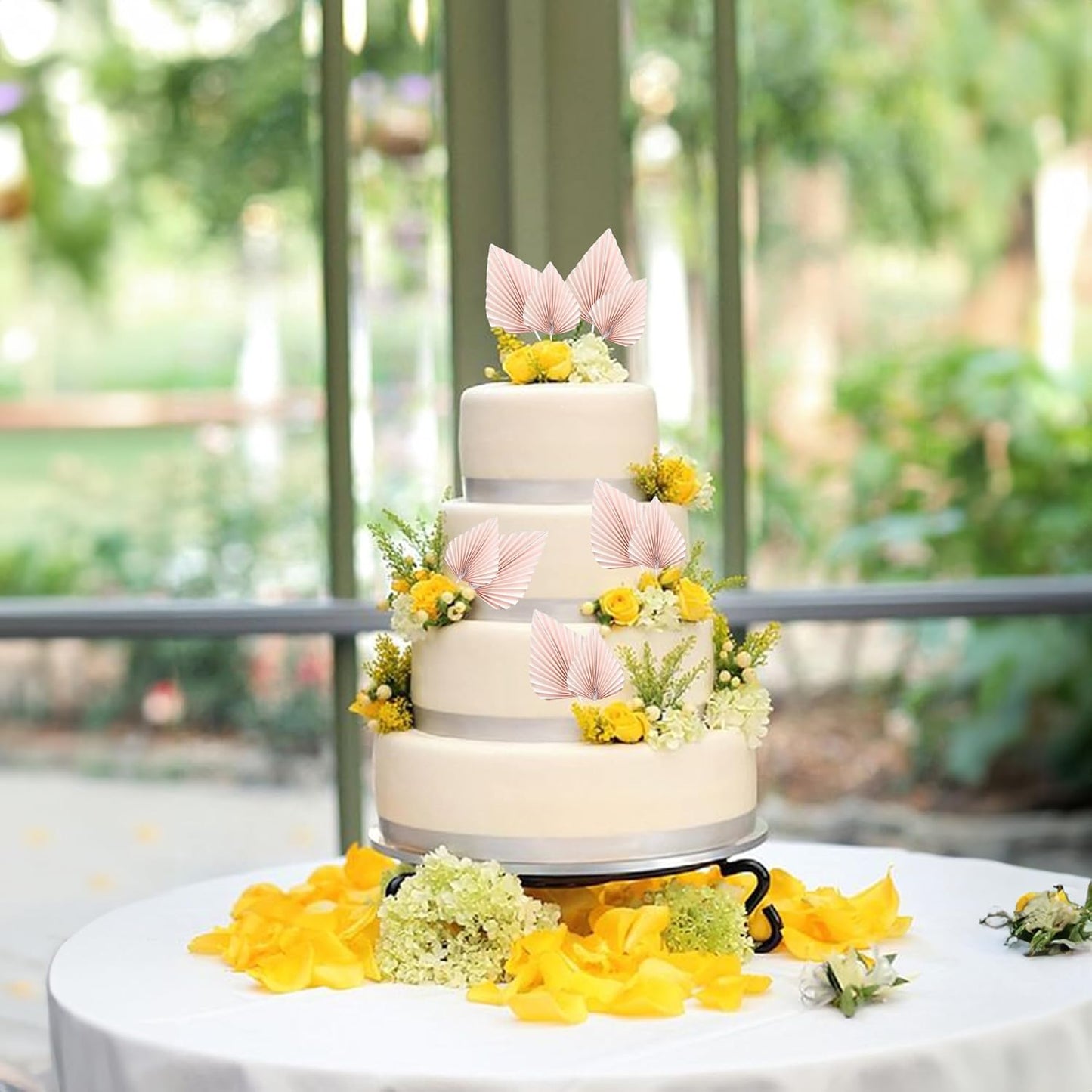 Ephlyn 6Pcs Paper Palm Fan Cake Topper Palm Spear Leaves Fan Cake Pick DIY Insert Cake Decorations for Baby Shower Wedding Bridal Shower Birthday Anniversary Party Supplies Pink