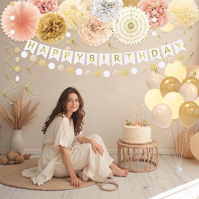Champagne Gold Fall Boho Birthday Decorations for Women Girls Beige Cream Neutral Party Decorations Happy Birthday Banner, Balloons, Tissue Pom Poms, Paper Fans Streamers Party Decor