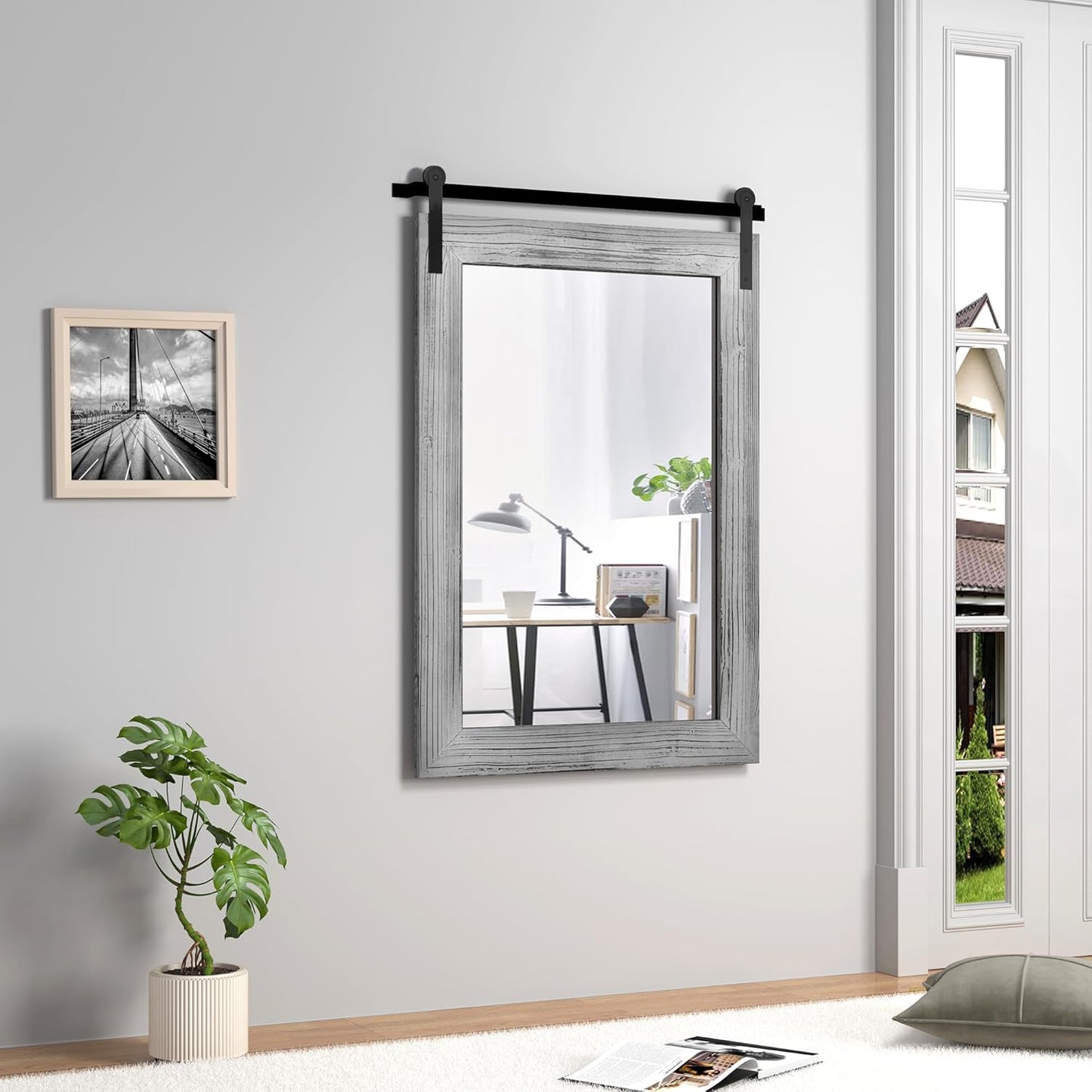 COGOOD Farmhouse Bathroom Mirror - 42 x 29 Rustic Barn Door Style Mirror for Living Room, Entryway, Vanity Wall Decor (Grey)