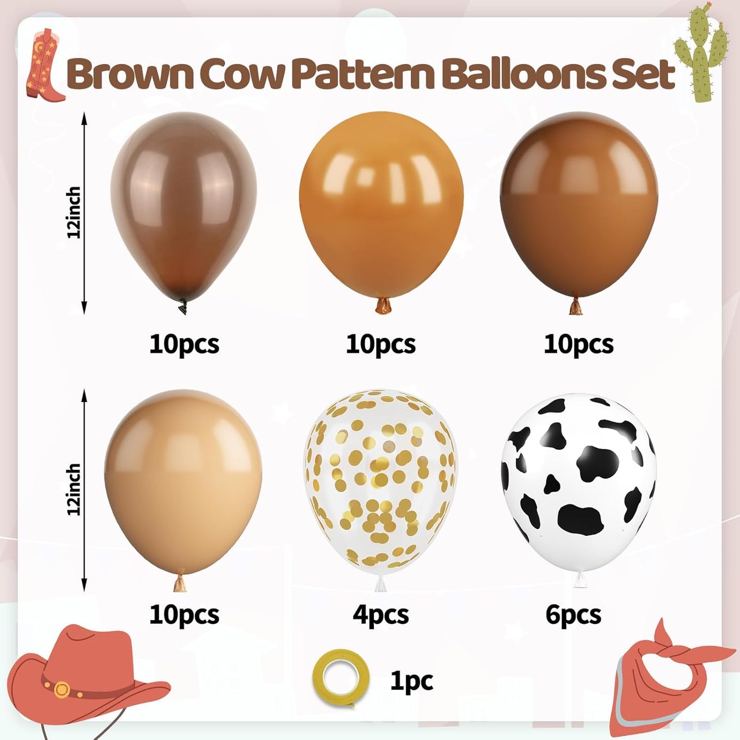 Brown Cow Balloons, 50 Pcs Cow Print Balloons, 12 Inch Dark Brown Coffee Nude Tan Neutral Gold Confetti Balloons Helium for Cowboy Cowgirl Birthday Baby Shower Farm Animal Western Party Decorations