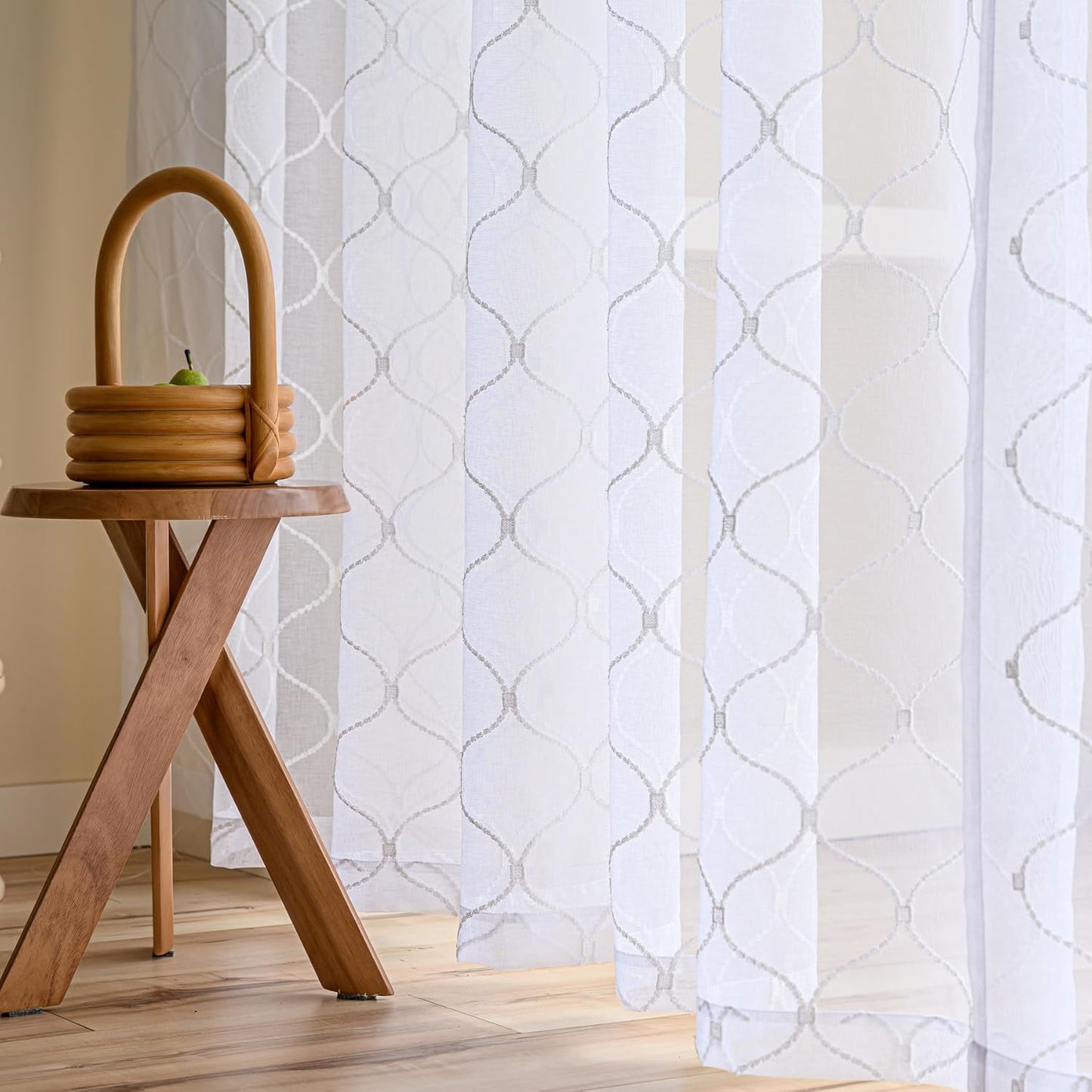 MYSTIC-HOME Embroidery White Sheer Curtains 84 Inches Long, Rod Pocket Sheer Drapes for Living Room, Bedroom, 2 Panels, 52"x84", Semi Crinkle Voile Window Treatments for Yard, Patio, Villa, Parlor.