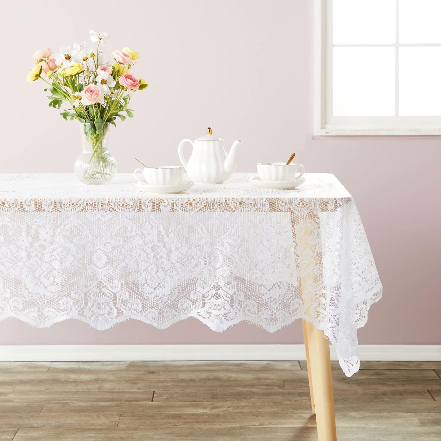 Juvale Rectangular Lace Tablecloth - White Lace, 54 x 72 in Vintage Floral Scalloped Polyester - Wedding & Tea Party Table Cloth & Baby Shower Tablecloth (Pack of 2)