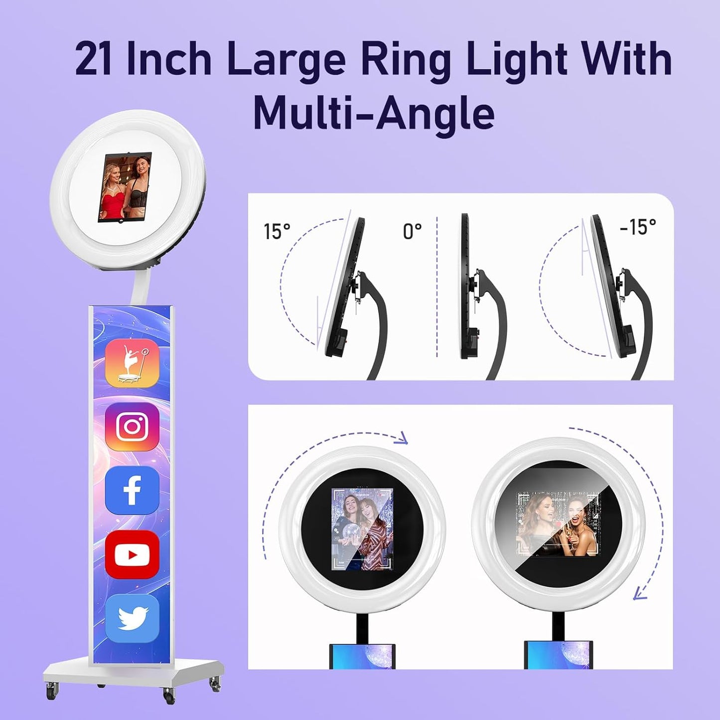 MWE Portable Photo Booth Machine Stand Compatible with Any Ipad with Software APP and Remote Control, RGB Ring Lights Music Sync, Free Custom Logo,Flight Case with Wheels (White, Light Box)