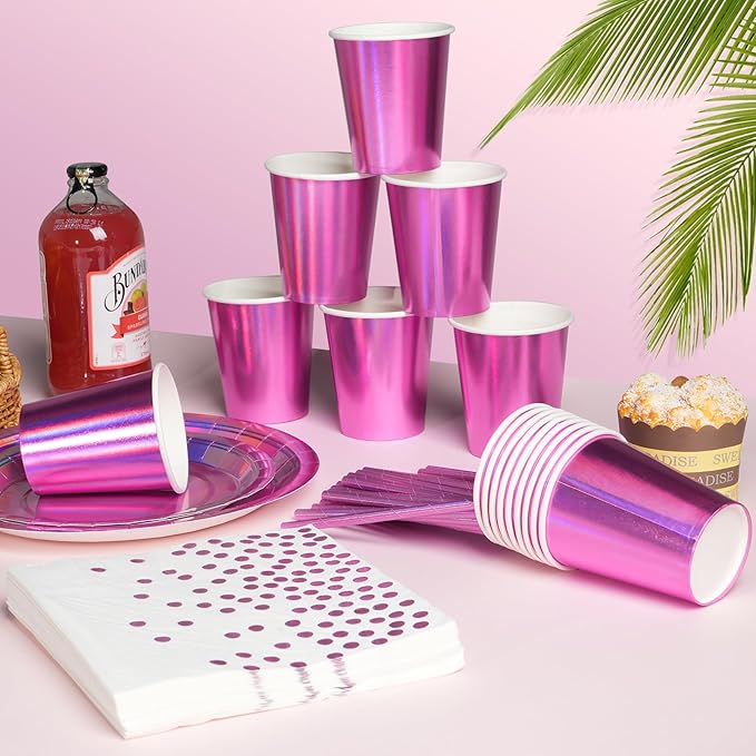 Iridescent Pink Party Supplies Decorations Serve 100, Hot Pink Holographic Paper Plates and Napkins, Disposable Pink Paper Plates Cups Knives Spoons Fork for Mermaid Disco Birthday Graduation Party