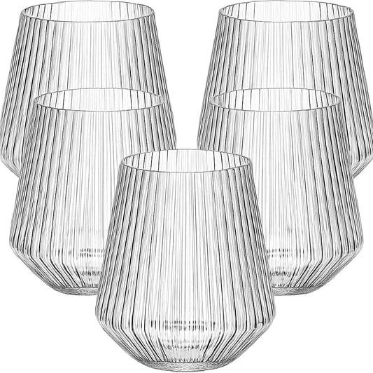 18 count origami ripple Unbreakable Stemless Plastic Wine Champagne Whiskey Glasses Elegant Durable Disposable Indoor Outdoor Ideal for Home, Office, Bars, Wedding, Ribbed 12 Ounce Cups (18, Clear)