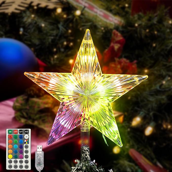 Christmas Tree Topper Star, 9.5 Inches Multi-Color LED Lighted Christmas Treetop Decorations with Remote, USB Powered for Xmas Holiday Party Decor Gift for Indoor/Outdoor