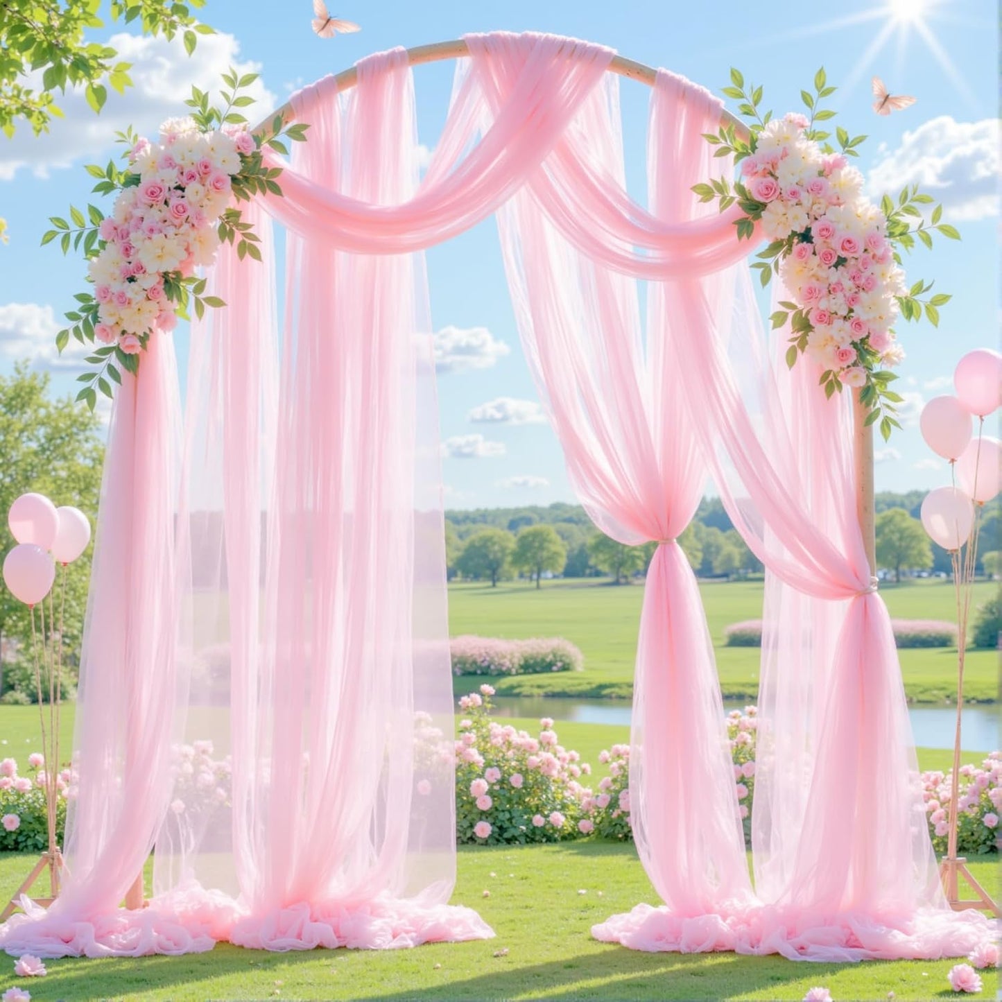 Wedding Arch Draping Fabric Backdrop 2 Panel 60" x 26Ft Pink Drapes Curtains for Wedding Reception Sheer Tulle Backdrop Curtain for Ceremony Birthday Party Baby Shower Arbor Ceiling Decorations