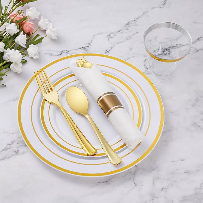 Goodluck 100 Pack Pre Rolled Gold Plastic Silverware, Wrapped Plastic Cutlery Set with Napkin Include 100 Forks, 100 Knives, 100 Spoons and 100 Napkins, Disposable Silverware for Party, Wedding
