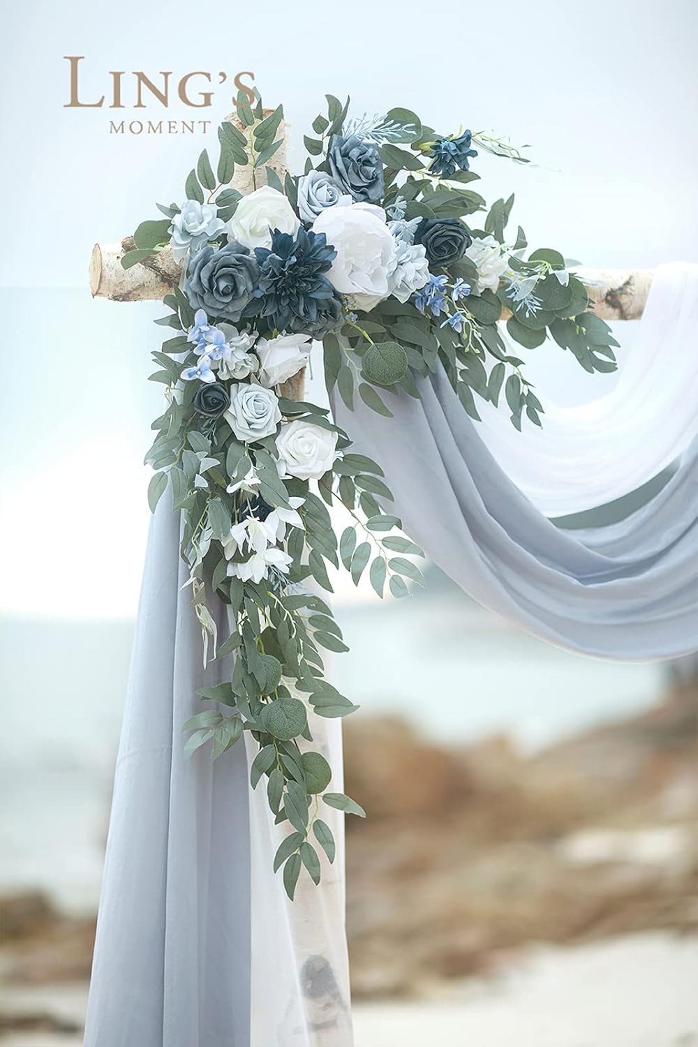 Ling's Moment Dusty Blue Artificial Wedding Arch Flowers Kit Pack of 4, 2pcs Hanging Flower Arrangement 2pcs Chiffon Drape Ceremony Spring Fake Silk Rose Arbor Backdrop Floral Swag Outdoor Beach Decor