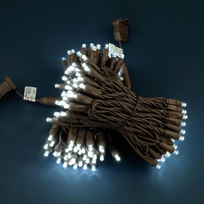 Cool White Wide Angle One-Piece LED Christmas Lights 48 Feet 140 Count, Pack of 2 Strands 70ct 5mm High Waterproof UL Certified Brown Cord String Lights