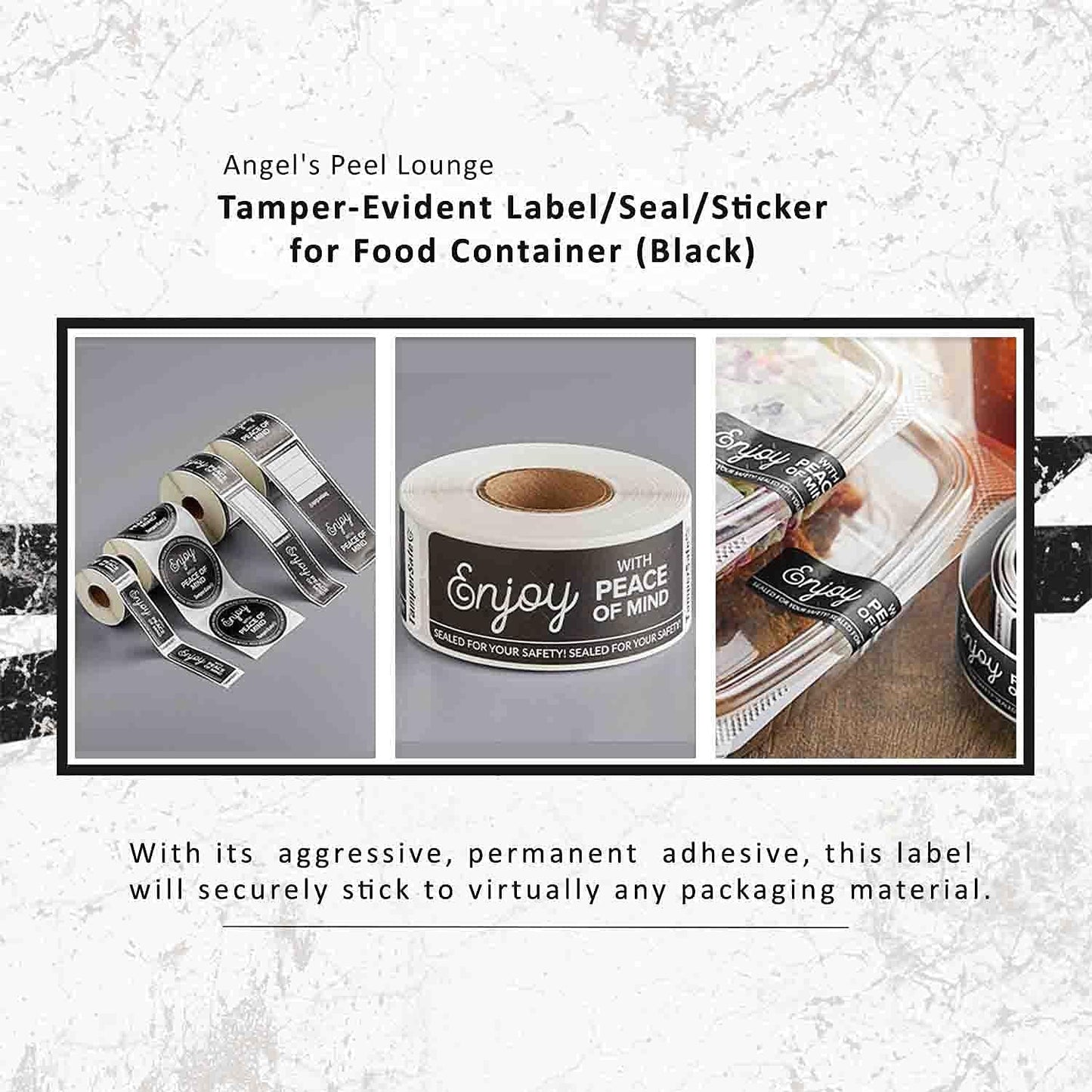 Angel's Peel Lounge Tamper Proof Stickers Roll — Tamper Evident Stickers for Food Safety, Delivery Bags, Drink Lids, Containers, Self Adhesive Seal Tape, Writable Surface - 1x3in 250-COUNTS, Black