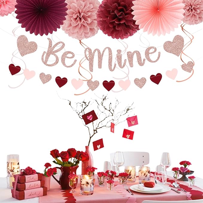 Pink Burgundy-Red Valentines-Day Galentines Party-Decorations - 22pcs Be Mine Love Banner,Wine Red Paper Lanterns Honeycomb Balls,Tissue Pom Poms Flowers Fans,Happy Anniversary Decor Hugmoon