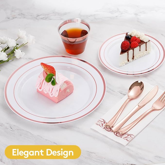 Goodluck 175 Piece Rose Gold Dinnerware Set for 25 Guests, Plastic Plates Disposable for Party, Include: 25 Dinner Plates, 25 Dessert Plates, 25 Paper Napkins, 25 Cups, 25 Silverware Set