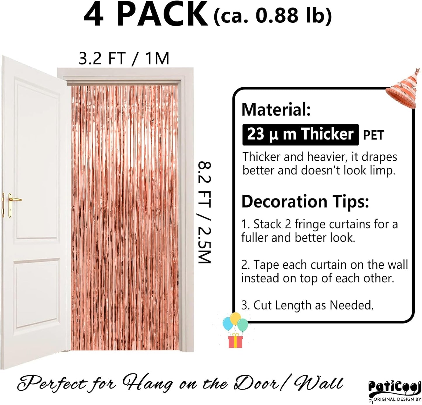 Rose Gold Birthday Decorations for Women Girls - Thicken 4 Pack 3.2 x 8.2 FT - Rose Gold Foil Fringe Curtain Backdrop for Birthday, Bridal Shower, Baby Shower, Bachelorette Party Decorations