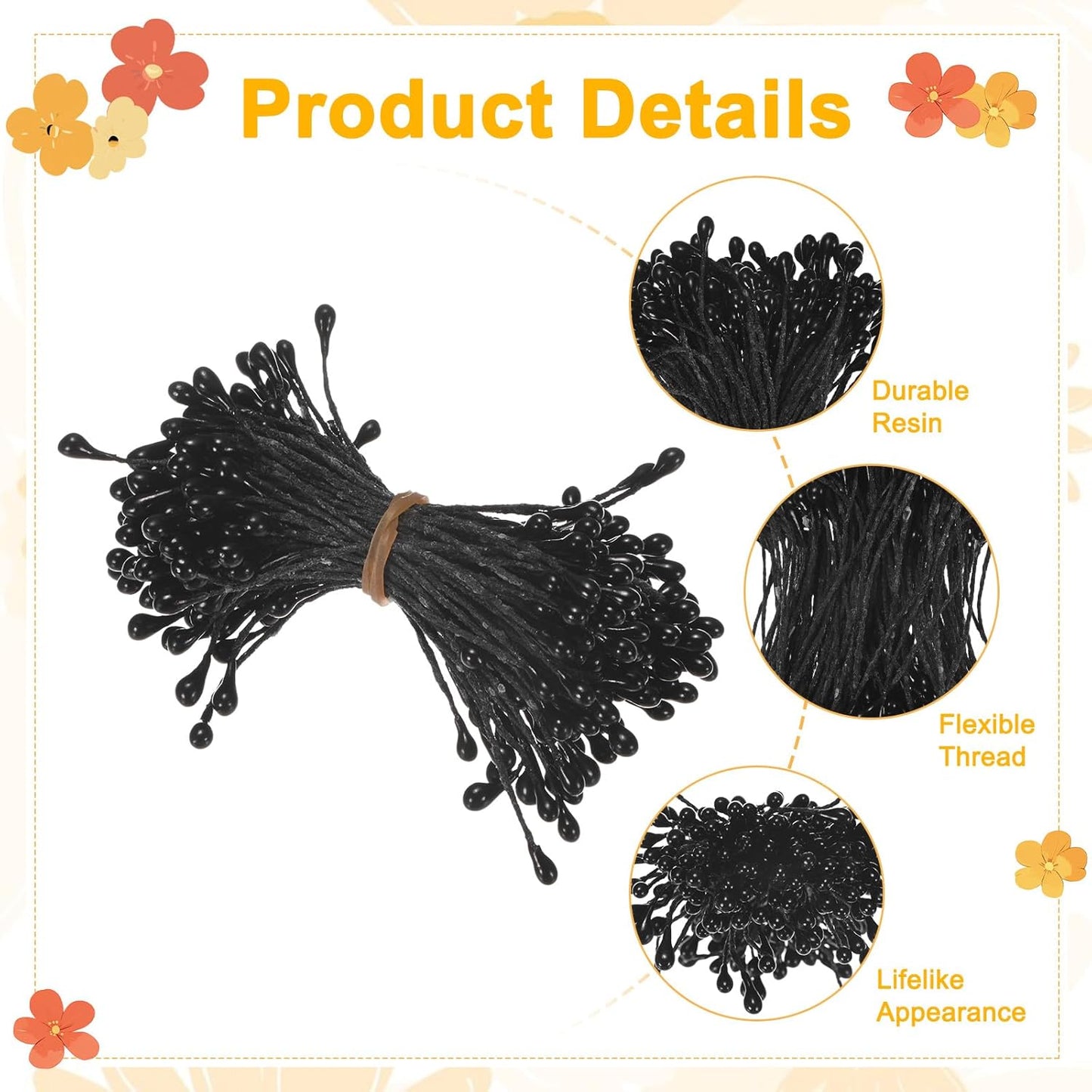 600-Pack Flower Stamens for Crafts, 5mm Double Heads Artificial Pearl Floral Pistil Mini Flower Pollens Stamens for DIY Making/Wedding/Scrapbook Decoration [Black]