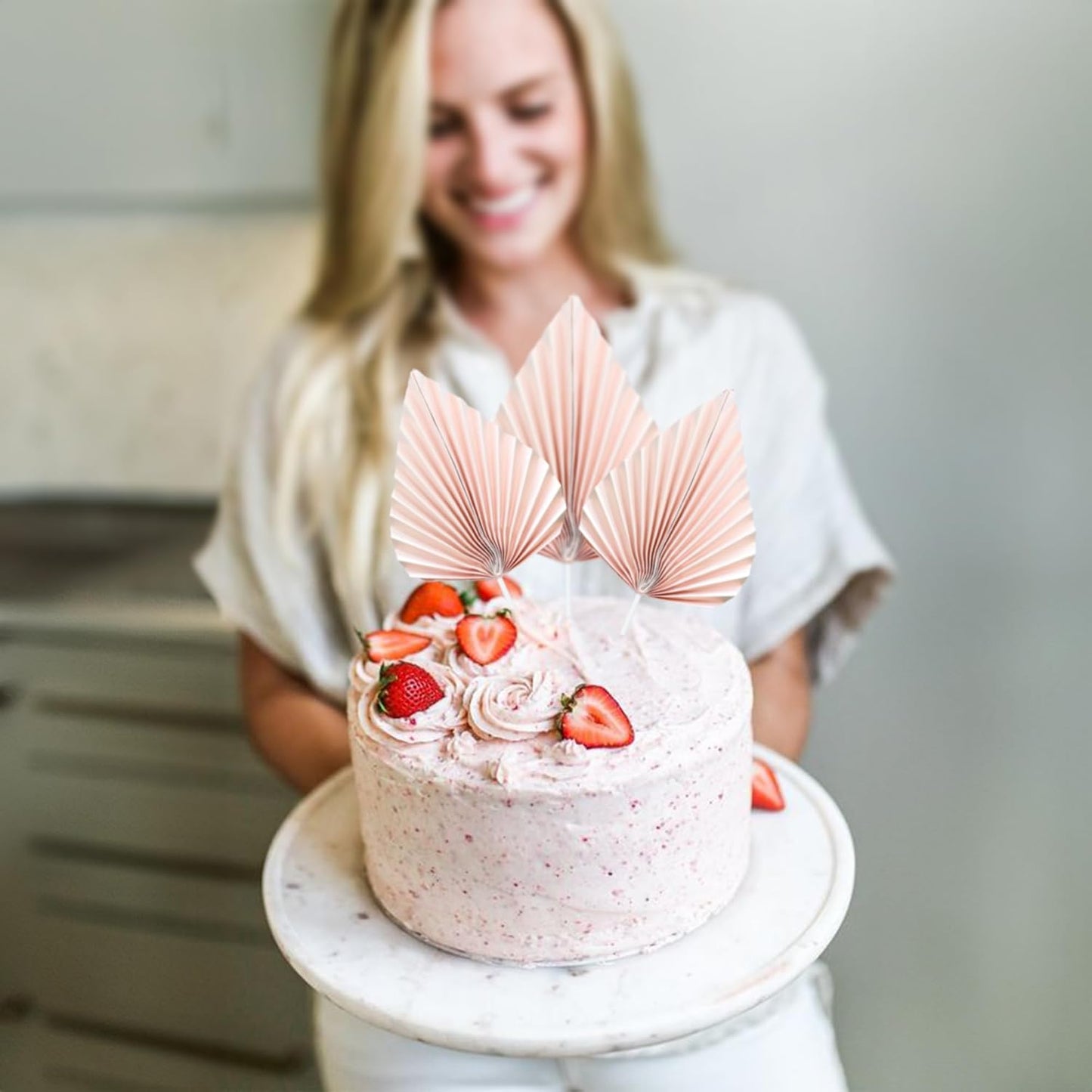 Gyufise 6Pcs Paper Palm Fan Cake Toppers Palm Leaf Fan Cake Topper Palm Spear Leaf Cupcake Toppers Cake Insert Decoration For Cake Decorating Diy Craft Project Home Wedding Party Supplies Pink