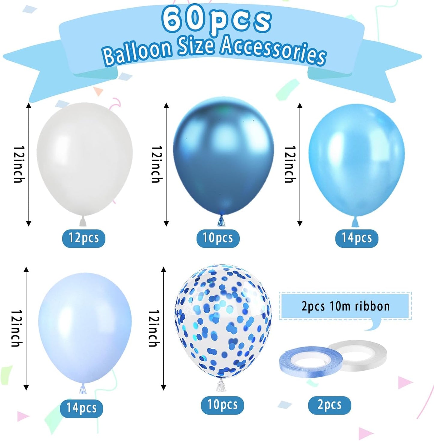 Paready Blue Balloons Set, 60 Pcs 12 Inch Pearl Blue Balloons Metallic Blue Macaron Balloon, Baby Blue Confetti Party Balloon for Baby Shower Birthday Wedding Bridal Shower Decorations