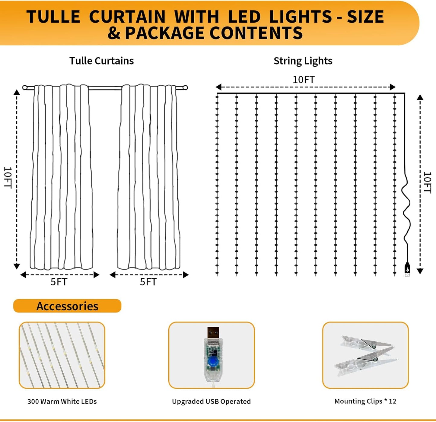 Black Tulle Backdrop Curtain with Lights String - 10x10ft Sheer Backdrop with 300 LEDs for Halloween, Wedding, Bridal Shower, Birthday Party Photo Shoot Background and Home Decorations