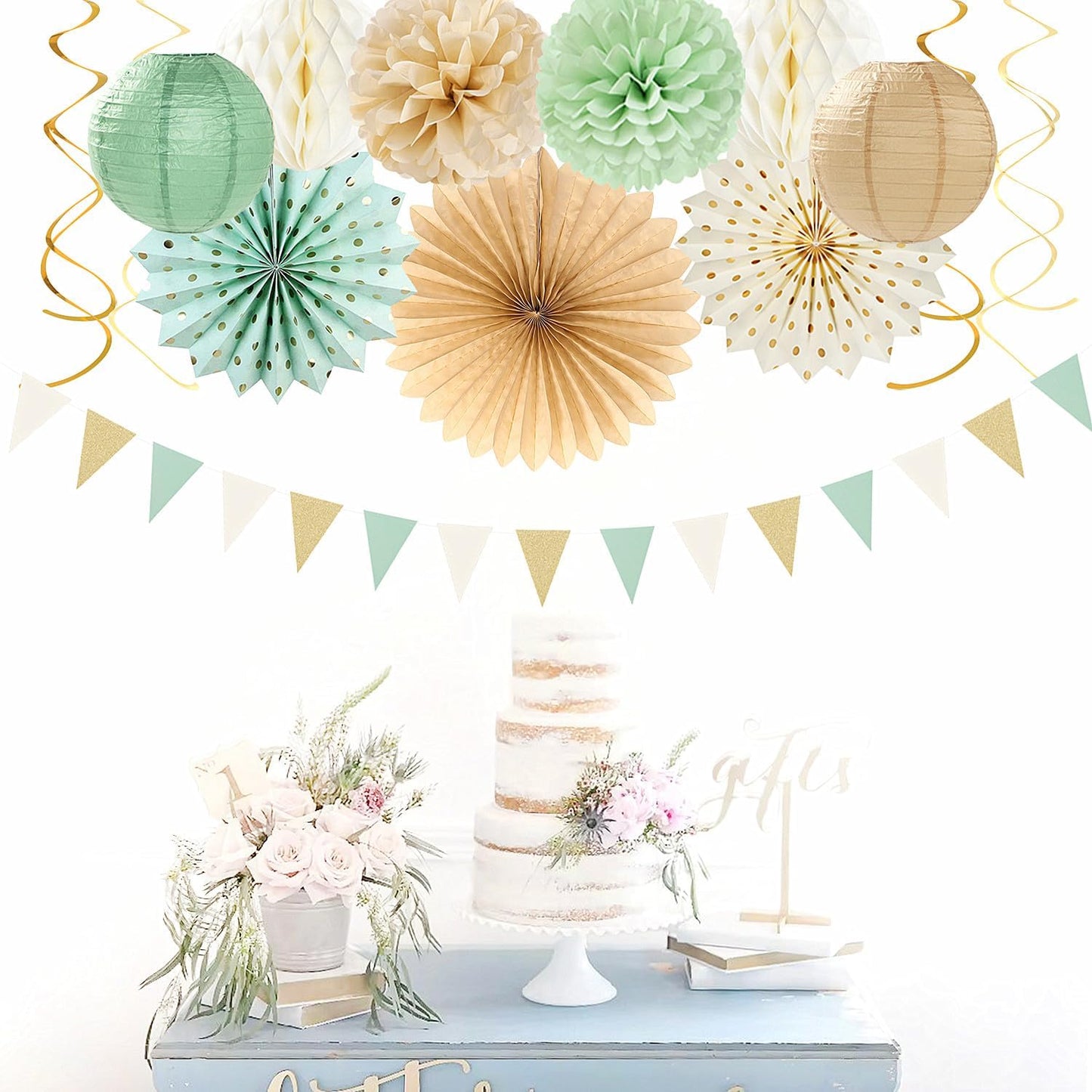 Sage-Green Champagne-Gold Baby Shower Party Decorations - 20pcs Neutral Birthday Paper Lanterns Fans,Boho Wedding Tissue Pom Poms,Honeycomb Streamers Banner,Bridal Graduation Rustic Decor Burgleda