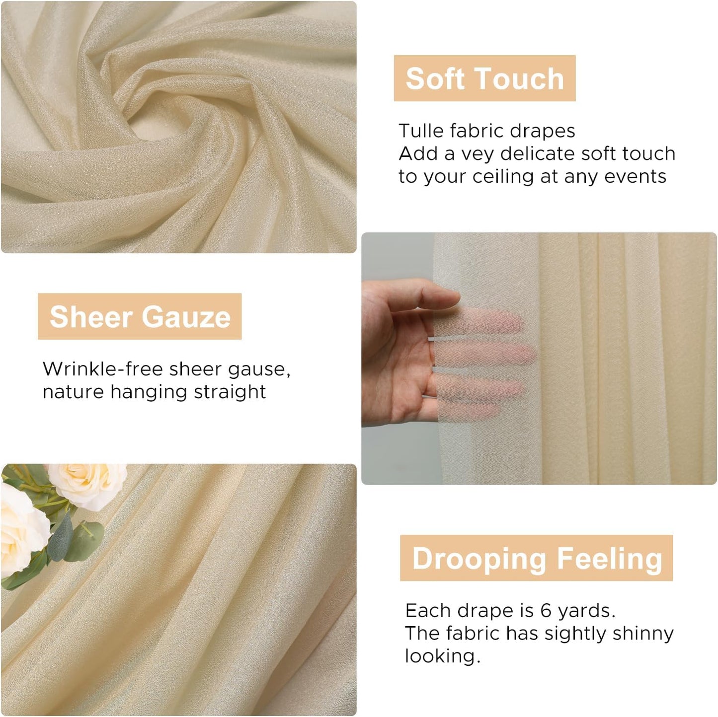 Wokceer Wedding Arch Draping Fabric 6 Panels 28.7" x 20FT Champagne Drapes Sheer Fabric Backdrop Arch Draping Fabric for Wedding Ceremony Birthday Party Bridal Shower Decoration