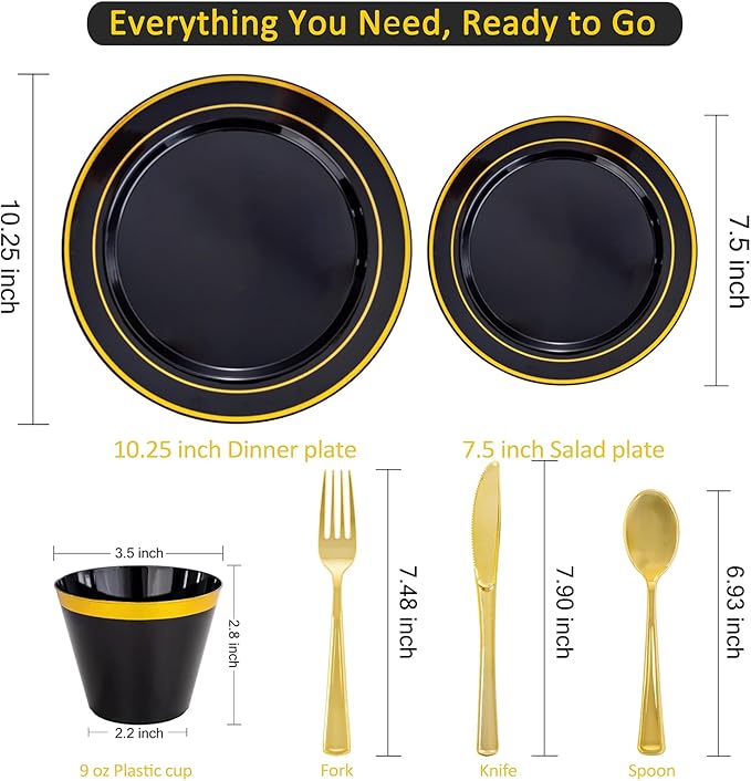 WELLIFE 210PCS Black and Gold Plastic Plates - Plastic Dinnerware Set for 30 Guests,Include 30 Dinner Plates, 30 Dessert Plates, 30 Black Cups 9 OZ, 30 Pre Rolled Napkins with Gold Silverware