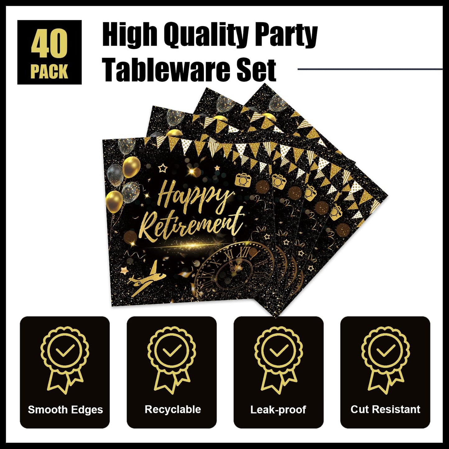 40pcs Happy Retirement Party Supplies Decorations Set, Black Gold Happy Retirement Plates and Napkins for Men and Women, Suitable for 20 Guests