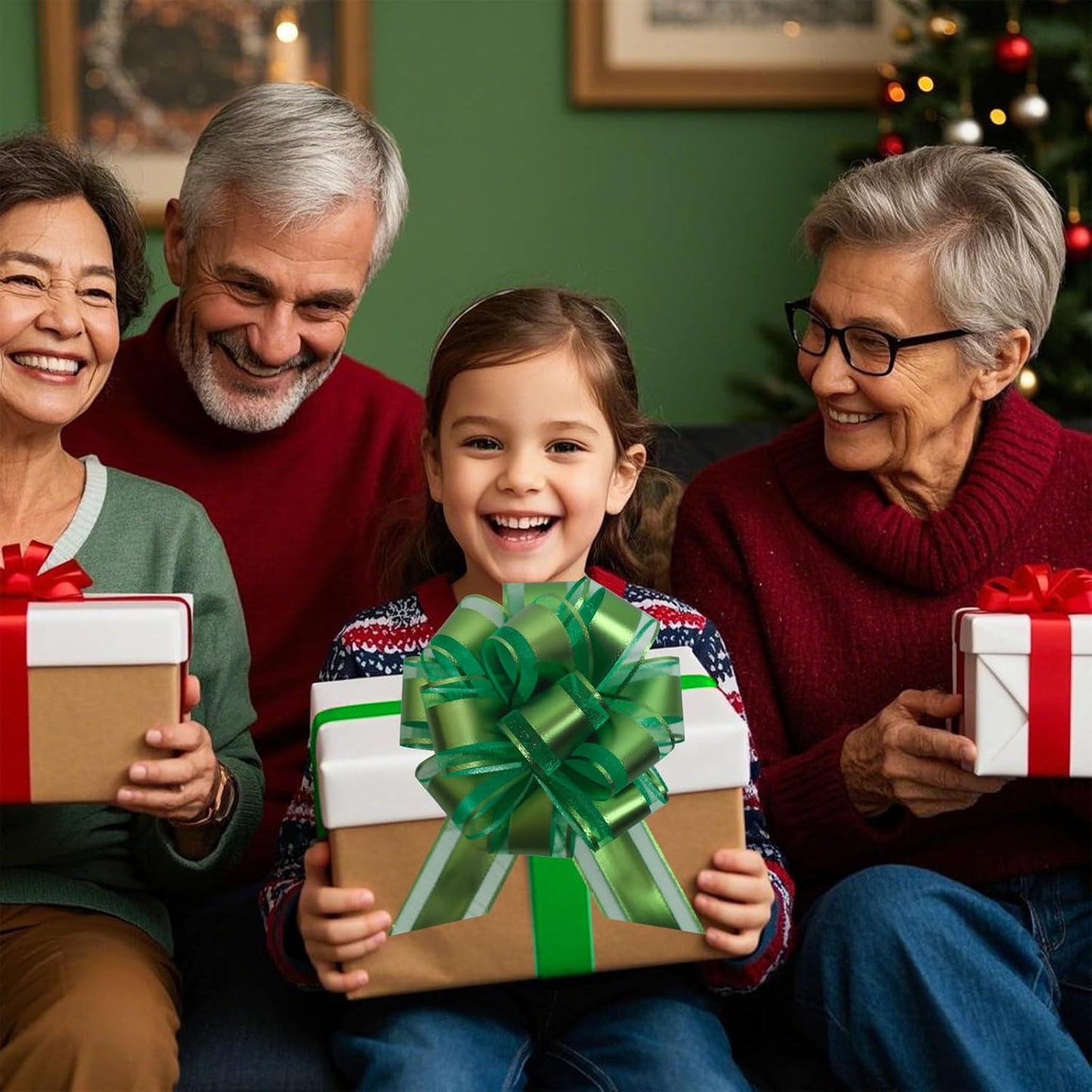 6 PCS 6 Inch Organza Green Pull Bows - Perfect for Gift Wrapping, Wedding Decor, Car Bows, Birthday Parties, Christmas, and Valentine's Day