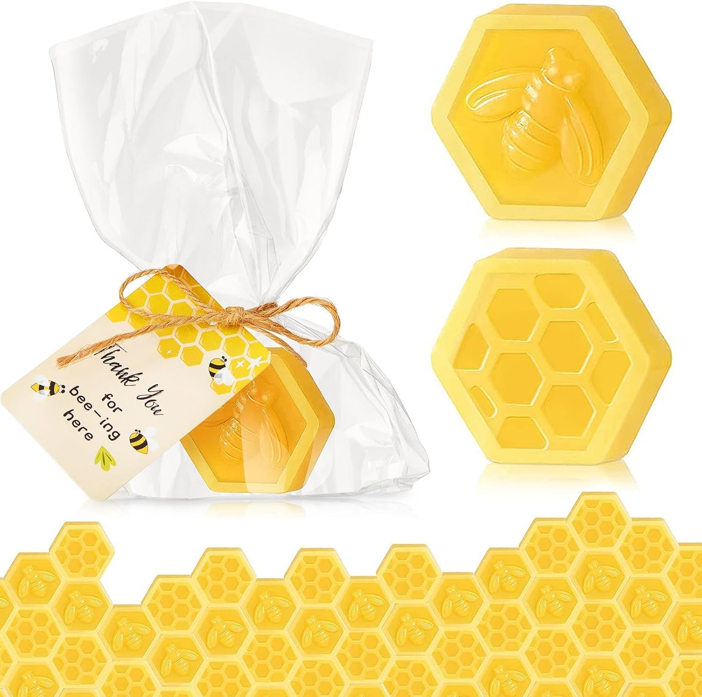 100 Set Baby Shower Favors Bee Party Favors Including Honeycomb Soap with Thank You Card Gift Honey Soap for Guest Gender Reveal Honey Gift Birthday Party Decorations (Yellow)