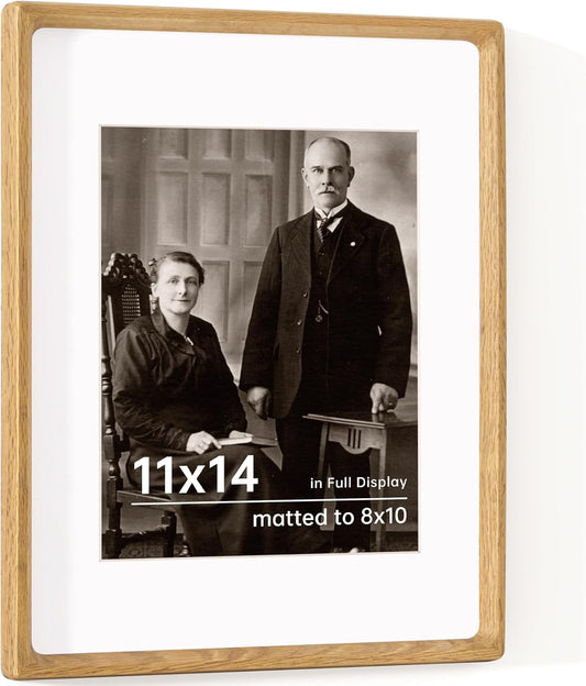 11x14 Wooden Picture Frames USA-Sourced Natural Oak Wood Solid Wood Photo Frame Handcrafted Rounded Corner with Mat to 8x10 Picture Frame Vintage Display with Real Glass Family Picture, Wedding Photo