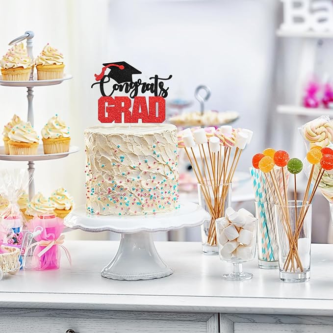 Congrats Grad Cake Topper - High Sohool/College Graduation Party Decoration Supplies - Congratulations Class of 2025 Party Cake Decorations (Red)