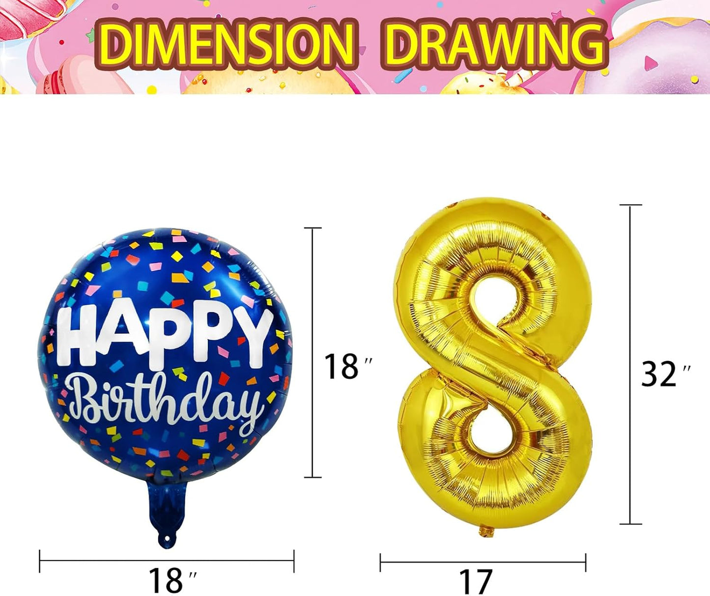 50 Pcs Happy Birthday Party Aluminum Foil Balloons and 8th Birthday Balloons, 18 Inch Round Aluminum Foil Balloon with" Happy Birthday" Sign, Birthday Party Decorations for Boys/Girls(Yellow, 8)