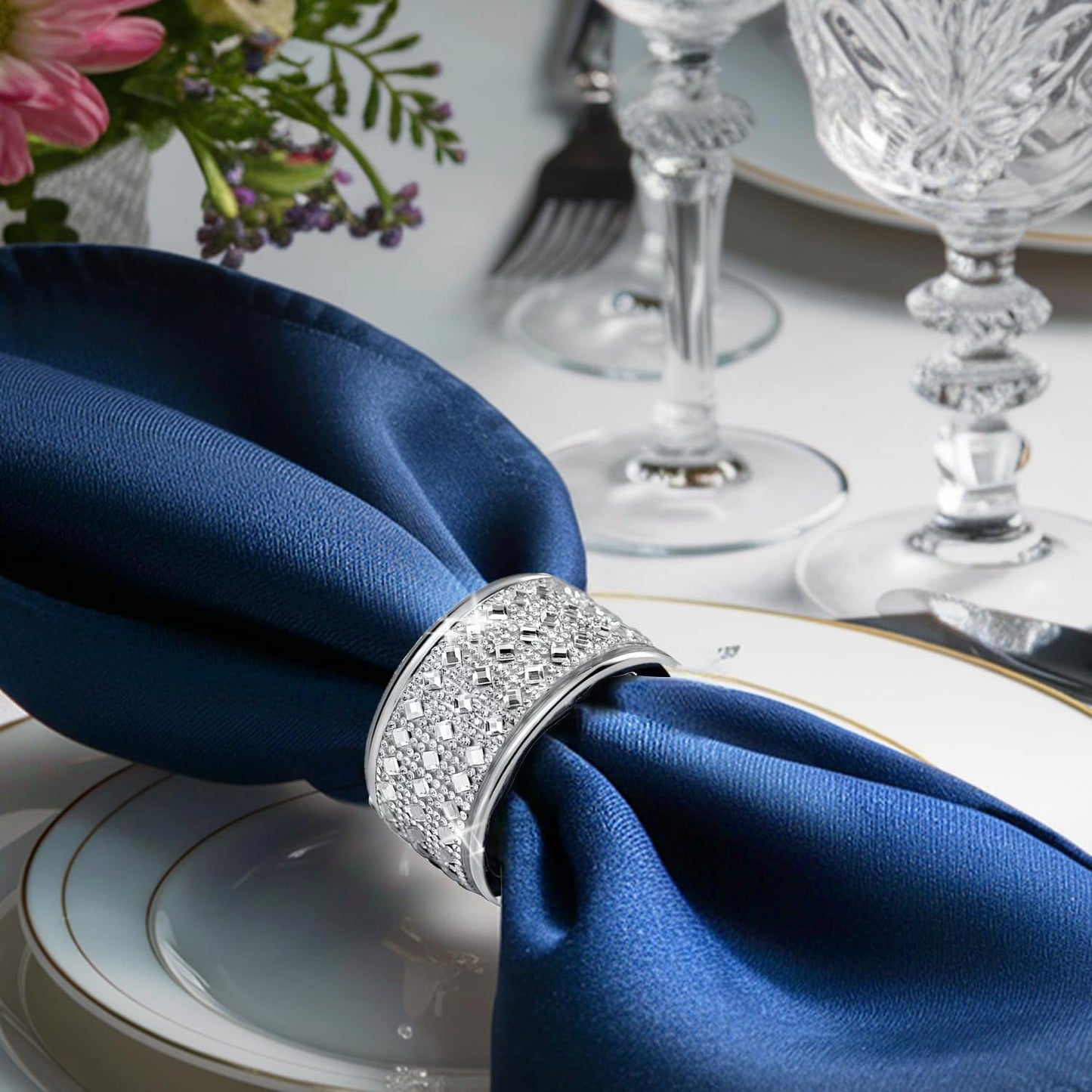 Silver Diamond Napkin Ring Set of 24 Rhinestone Crystal Glass Framed Napkin Holder for Table Decor,Thanksgiving,Christmas,Anniversary, Birthday, Holiday, Party Serviette Buckles Home Decoration