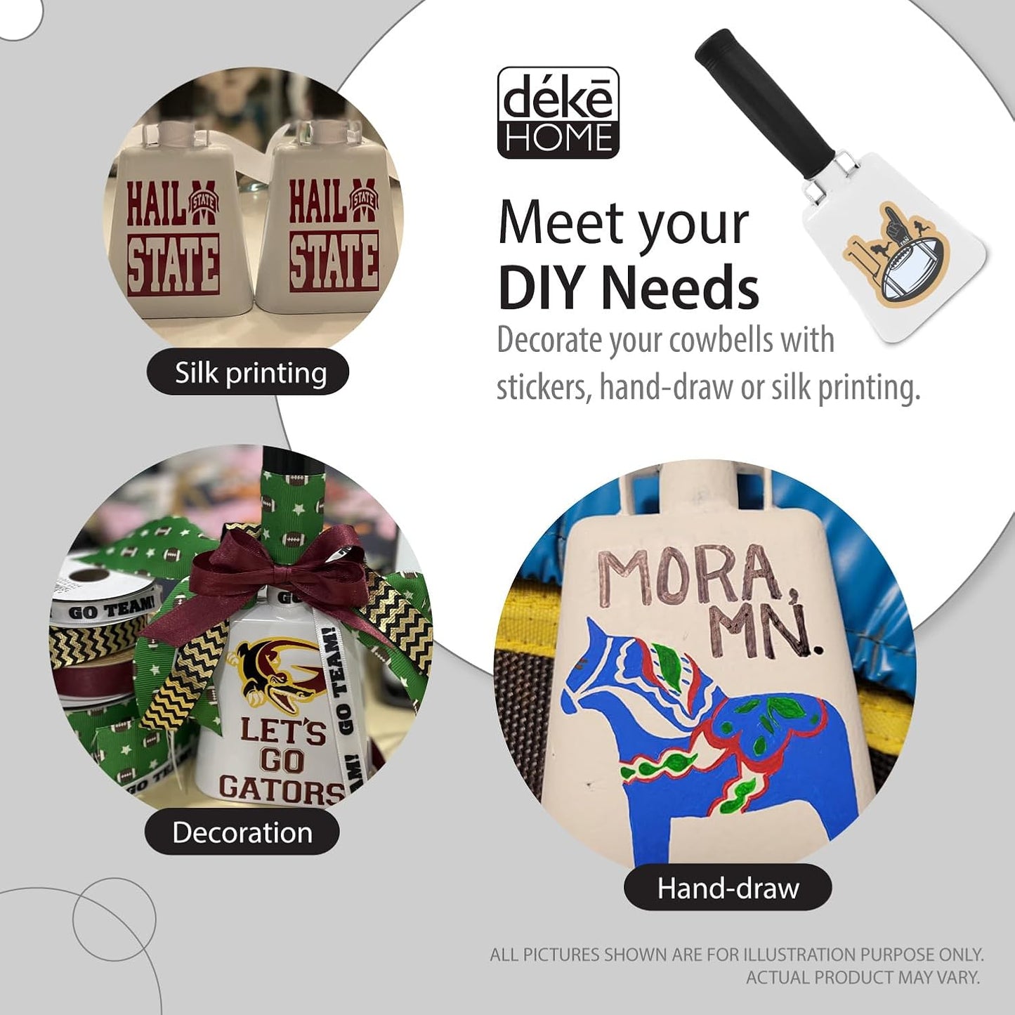 Deke Home - 2 Pack 7 Inch Steel Cowbells with Handle, Loud Noise Makers for Football, Sports, Parties, Competitions, School Spirit & Safety, Large Hand Bell for Cheering & Percussion Instrument