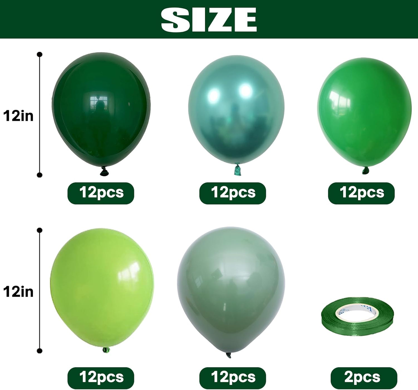 Togvu Green Balloons, 60 Packs 12 Inch Different Shades Dark Emerald Lime Metallic Chrome Olives Sage Latex Balloons for Birthday, Baby Shower, Jungle Safari Party Decoration QQ-5023